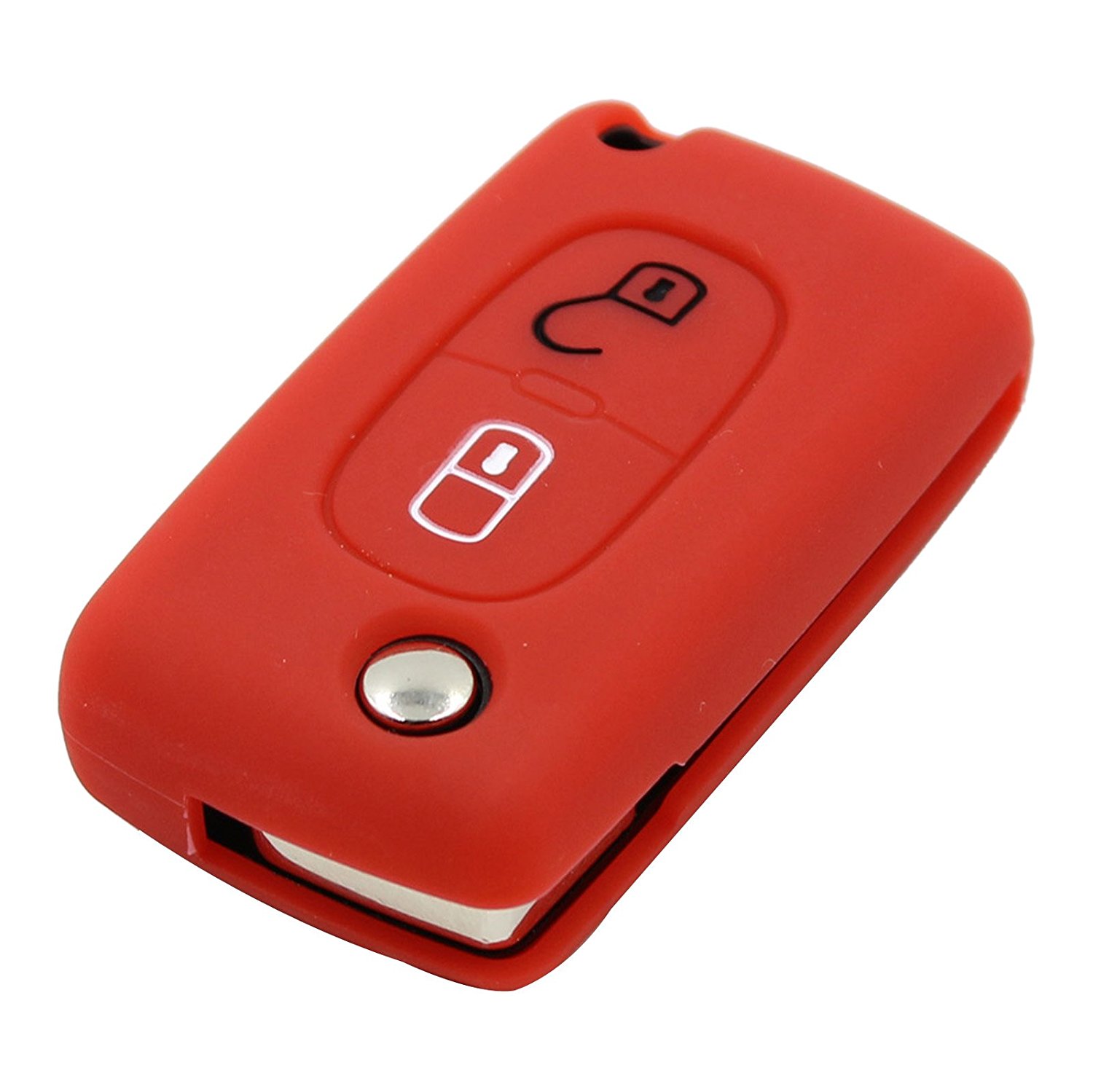 SILICONA PEGEOT ROJA DECORADA LLAVE RETRACTIL DOS BOTONES